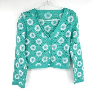 Crochet Knitted Long Sleeve Floral Cardigan Sweater Teal Crop Size Small
